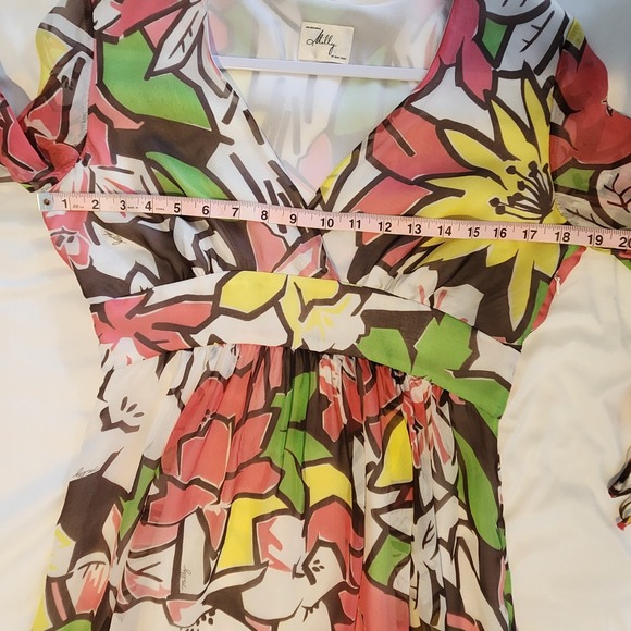 Milly Floral Print Dress Sheer Long Sleeve V Neck Multicolor Size S - Picture 6 of 9